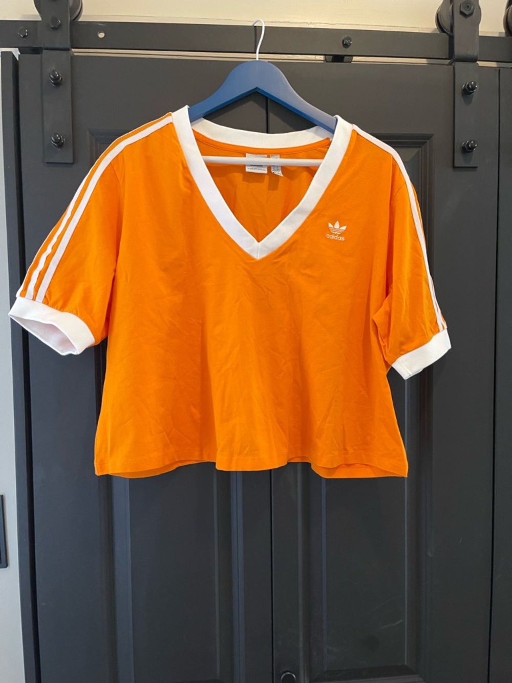 NWOT.. Adidas Orange Cropped V-Neck Tee with White Trim